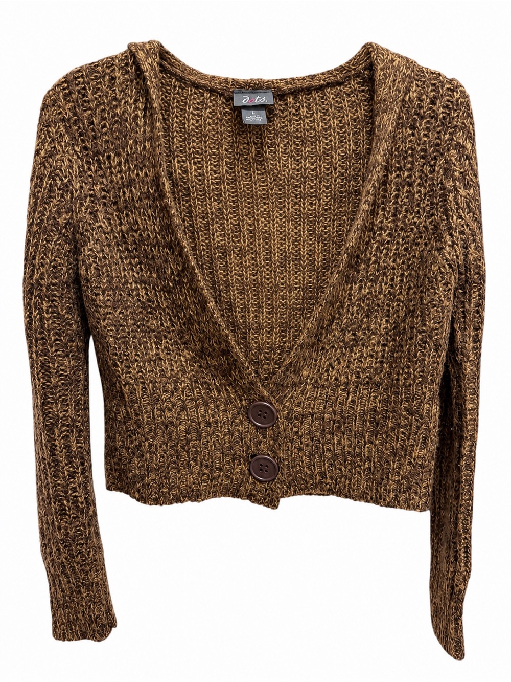 Dots Brown Marled Chunky Knit Cropped Hooded Cardigan Sweater Size L - Picture 3 of 10
